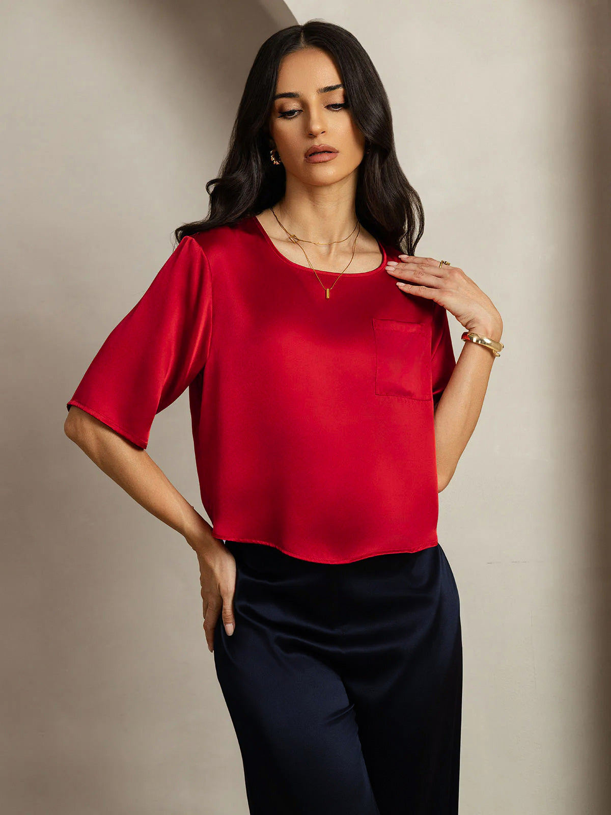 [Dunkelrot] SilkSilky-DE Reine Seide Womens T-Shirt 005