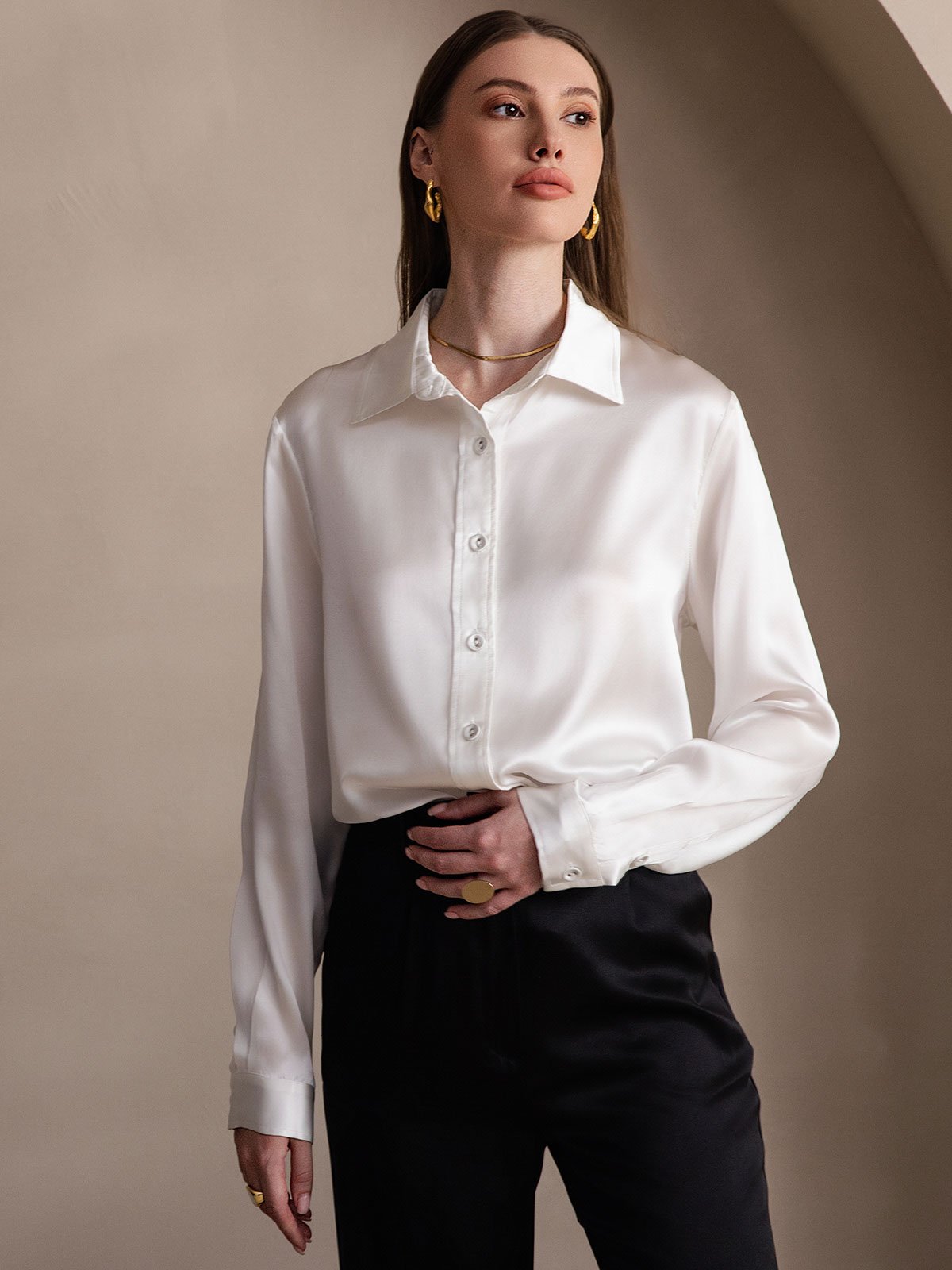 SilkSilky-DE 19Momme Seide Langärmelig Umlegekragen Damenhemd Weiß 005