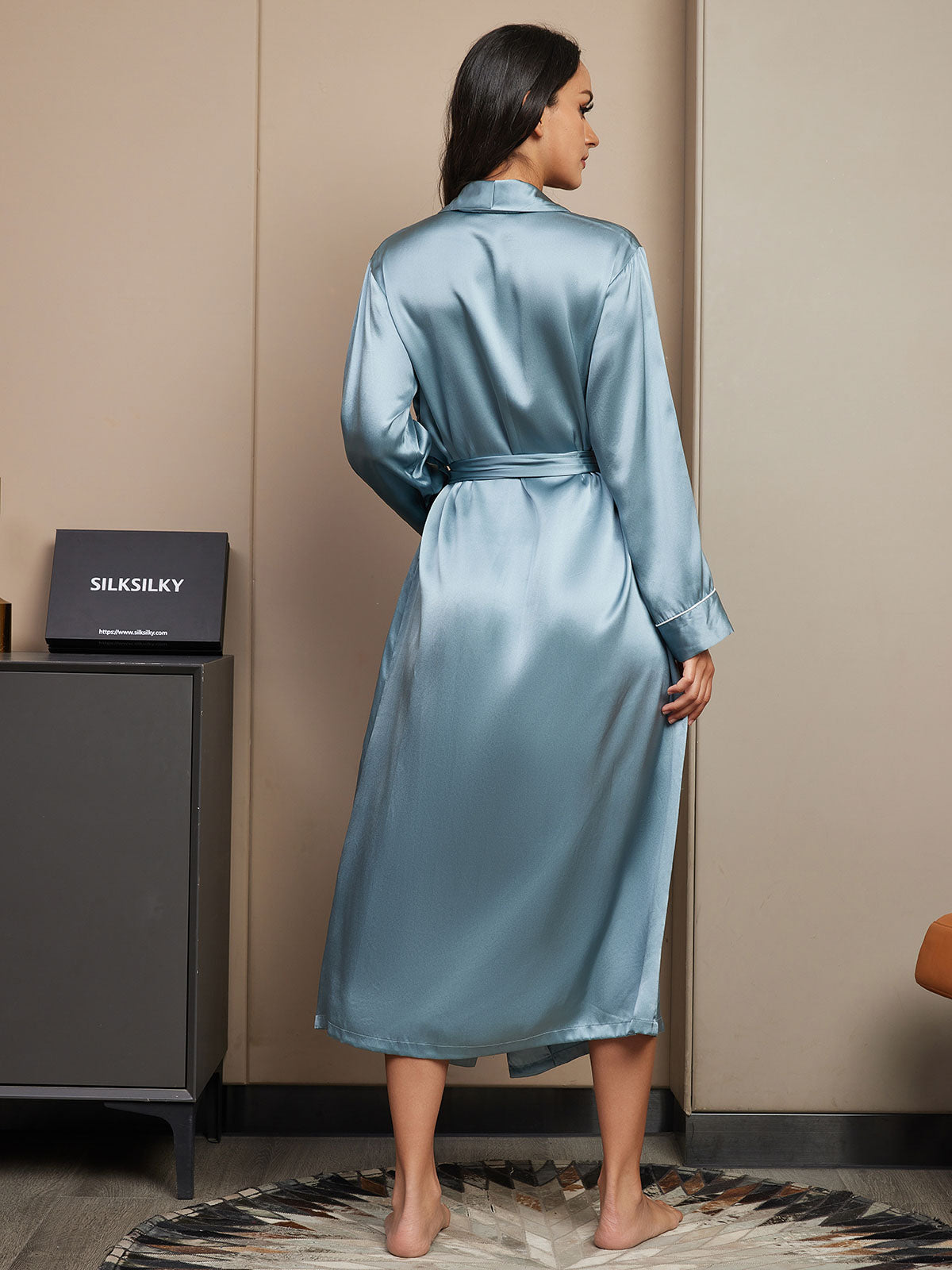 [Graublau] SilkSilky-DE 19Momme Reine Seide Womens Robe 002,