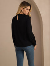 [Schwarz] SilkSilky-DE Long Sleeve Keyhole Neck Damenblusen 002