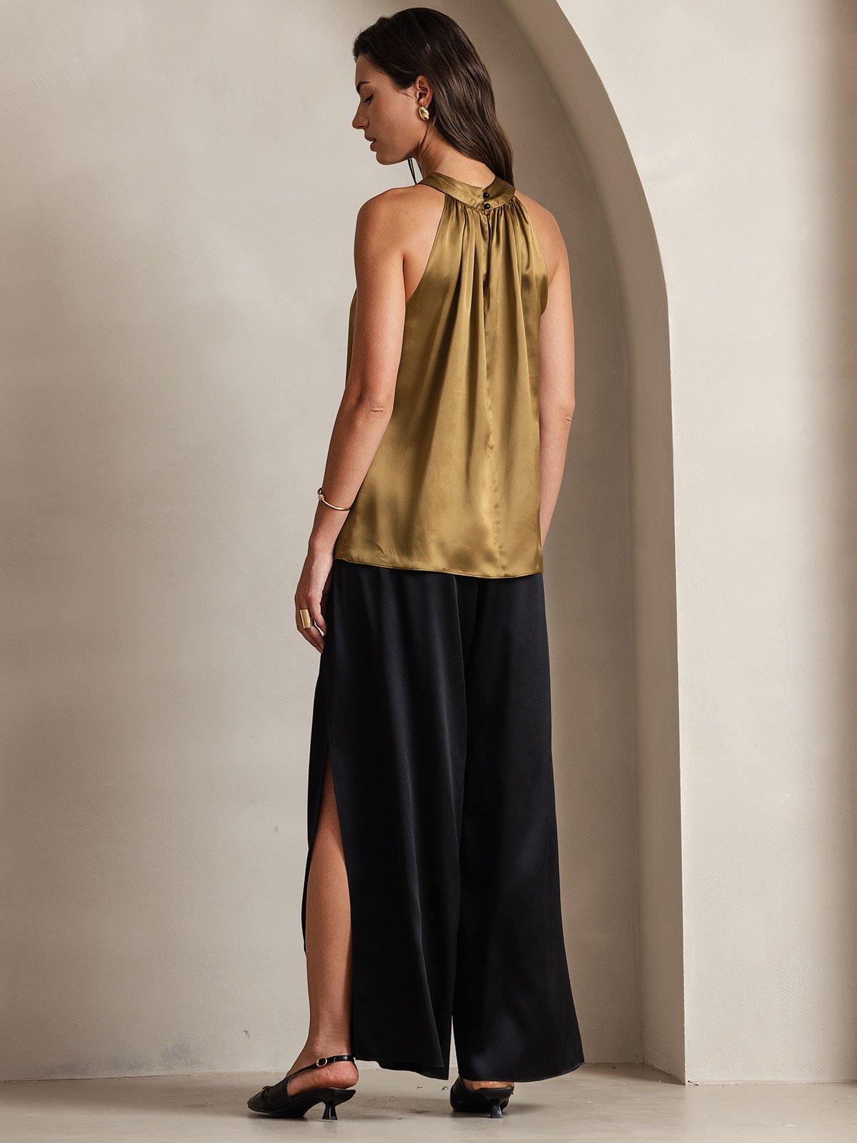 [Braun] SilkSilky-DE 19Momme Ärmellos Neckholder T-Shirt 002