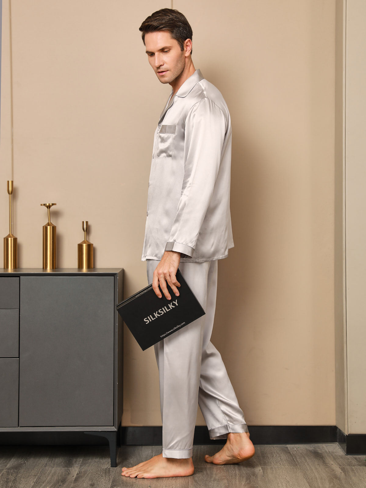 [Grau] SilkSilky-DE 19Momme Reine Seide Mens Pajamas 003