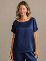 [Dunkelblau] SilkSilky-DE 19Momme Kurzärmelig Damen Pyjamas 007
