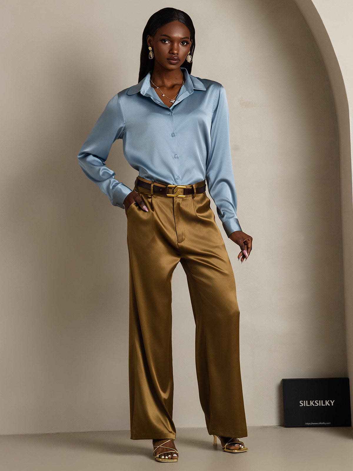 [Graublau] SilkSilky-DE Seide Langärmelig Umlegekragen Damenhemd 007