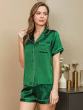 SilkSilky-DE Reine Seide Kurzärmelig Revers Damen Pyjamas Grün 001