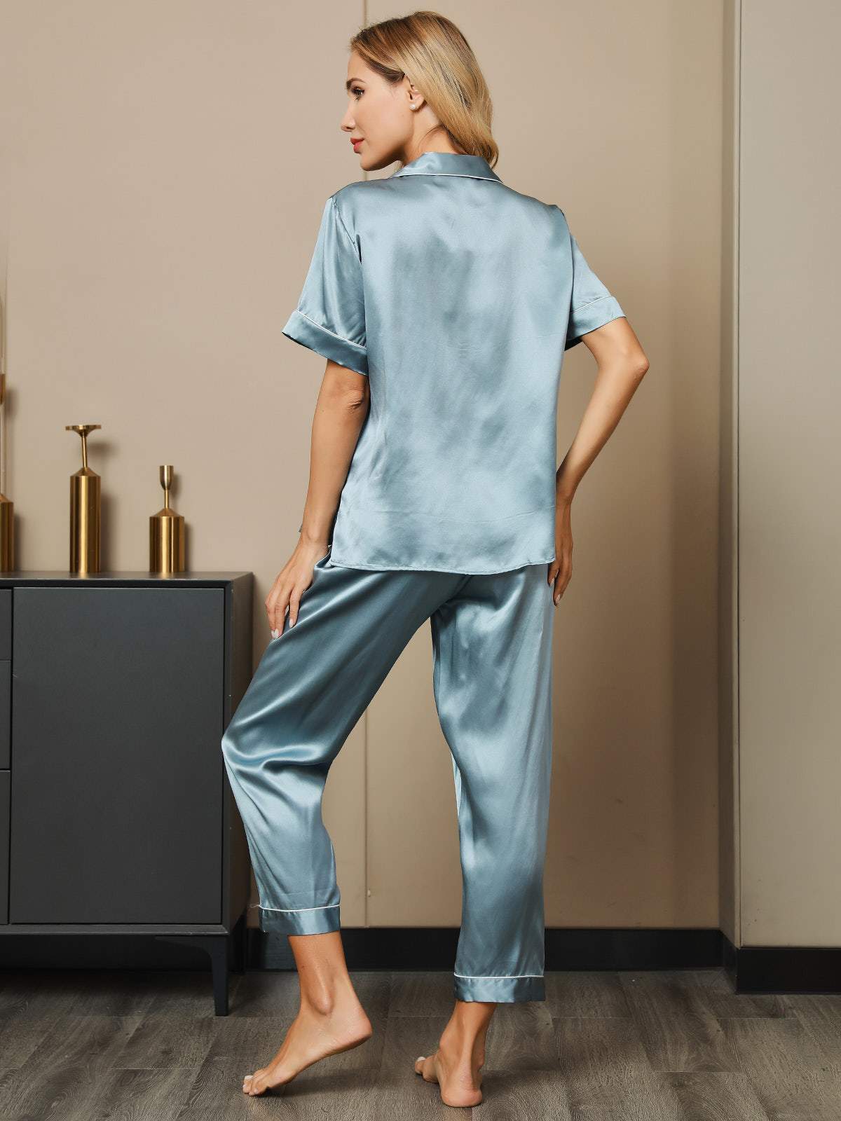 SilkSilky DE Reine Seide Kurzärmelig Revers Damen Pyjamas Stahlblau 002