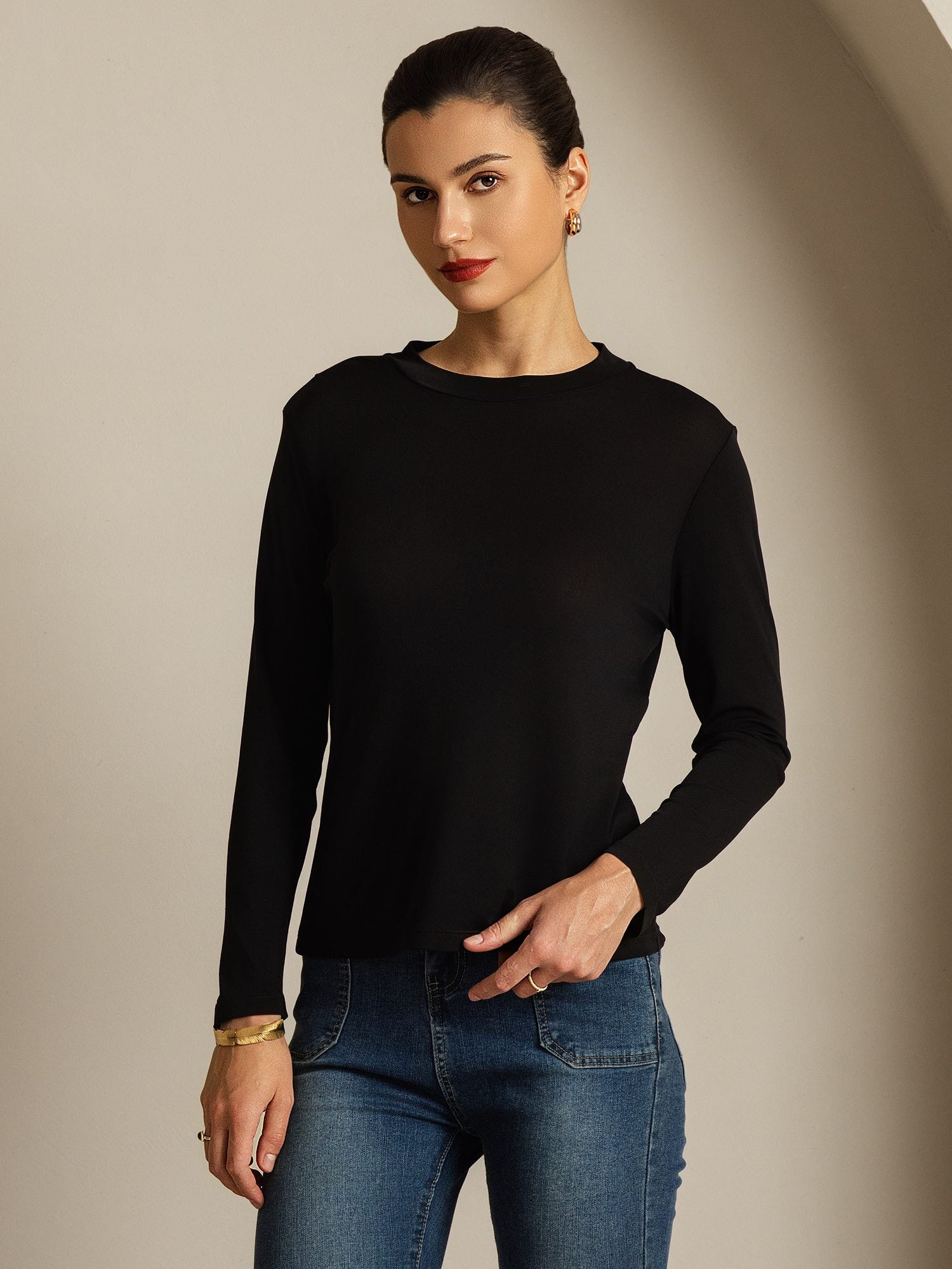 [Schwarz] SilkSilky-DE Reine Seide Womens T-Shirt 008