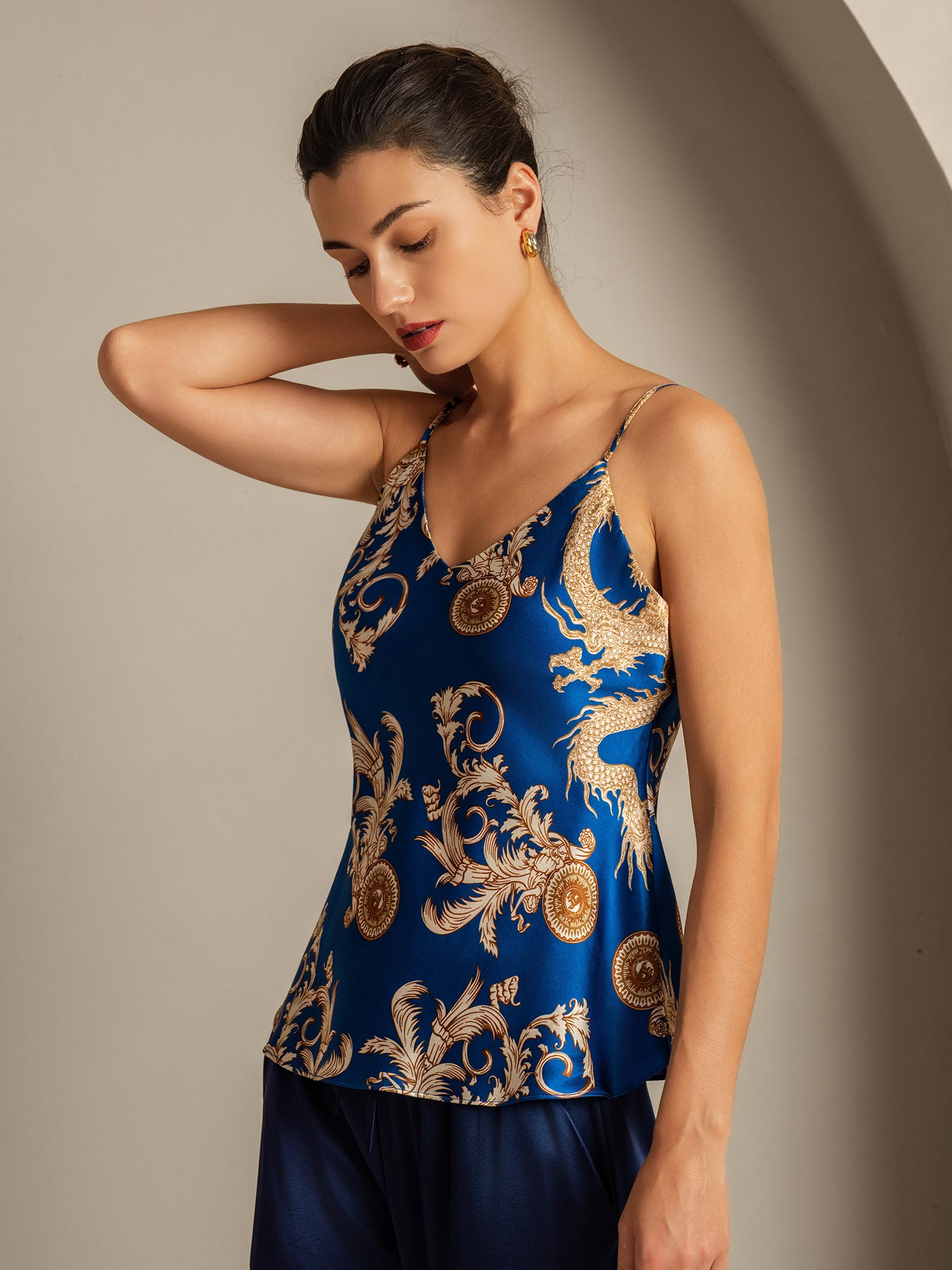 [Navy Drache] SilkSilky-DE Reine Seide V Ausschnitt Cami Top 006,
