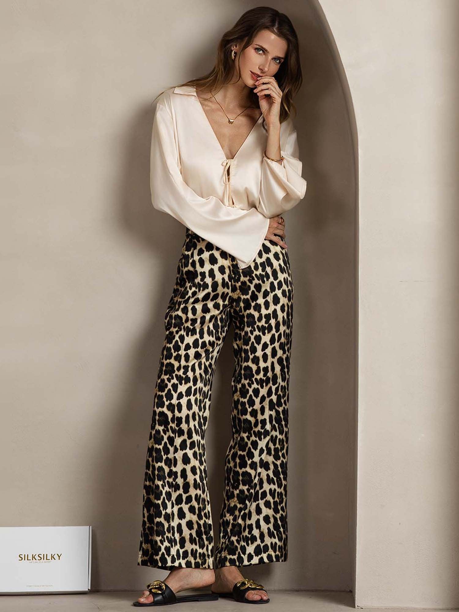 [Leopard] SilkSilky-DE 19Momme Seide Womens Pants 005