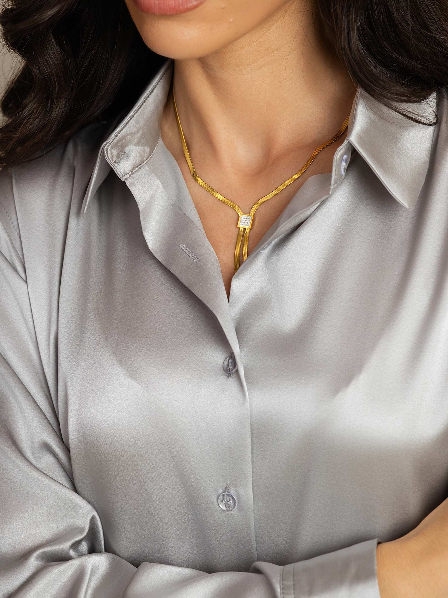 [Hellgrau] SilkSilky-DE Seide Langärmelig Umlegekragen Damenhemd 009