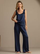 [Dunkelblau] SilkSilky-DE 19Momme Ärmellos Tiefer Rundhalsausschnitt Damen Pyjamas 005
