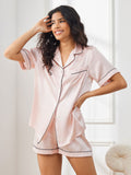 SilkSilky-DE Reine Seide Kurzärmelig Revers Damen Pyjamas Rosa 004