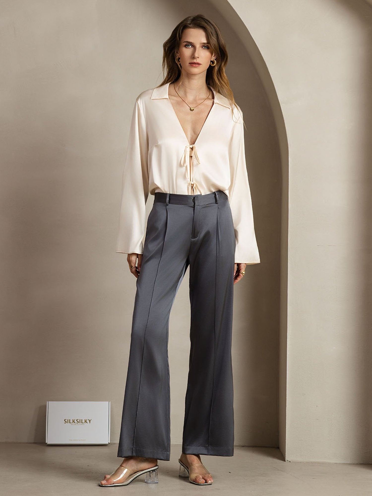 [Dunkelgrau] SilkSilky-DE 19Momme Seide Womens Pants 003