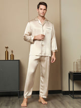 [Tan] SilkSilky-DE Reine Seide Langärmelig Revers Herren Pyjamas 003