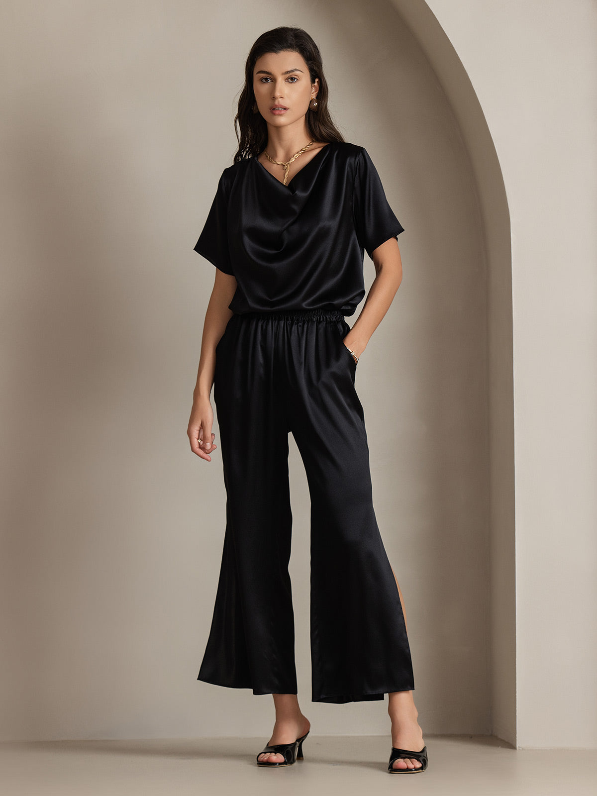 [Schwarz] SilkSilky-DE 19Momme Seide Womens Pants 007