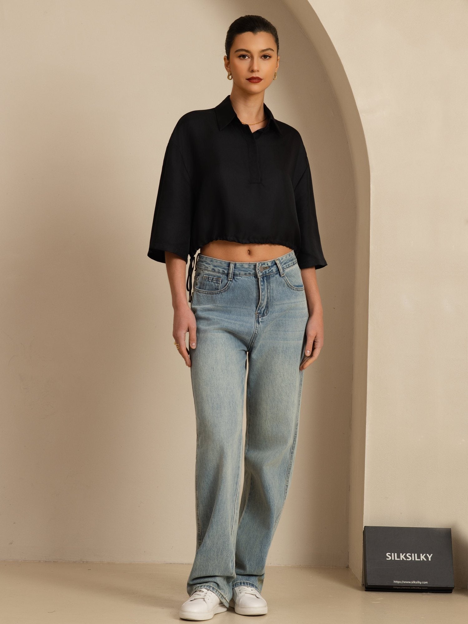 [Schwarz] SilkSilky-DE 18Momme Halblange Ärmel Lapelkragen Bluse 006