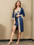 SilkSilky DE Reine Seide 3/4 lange Ärmel Nightgown&Robe Set Blau 002