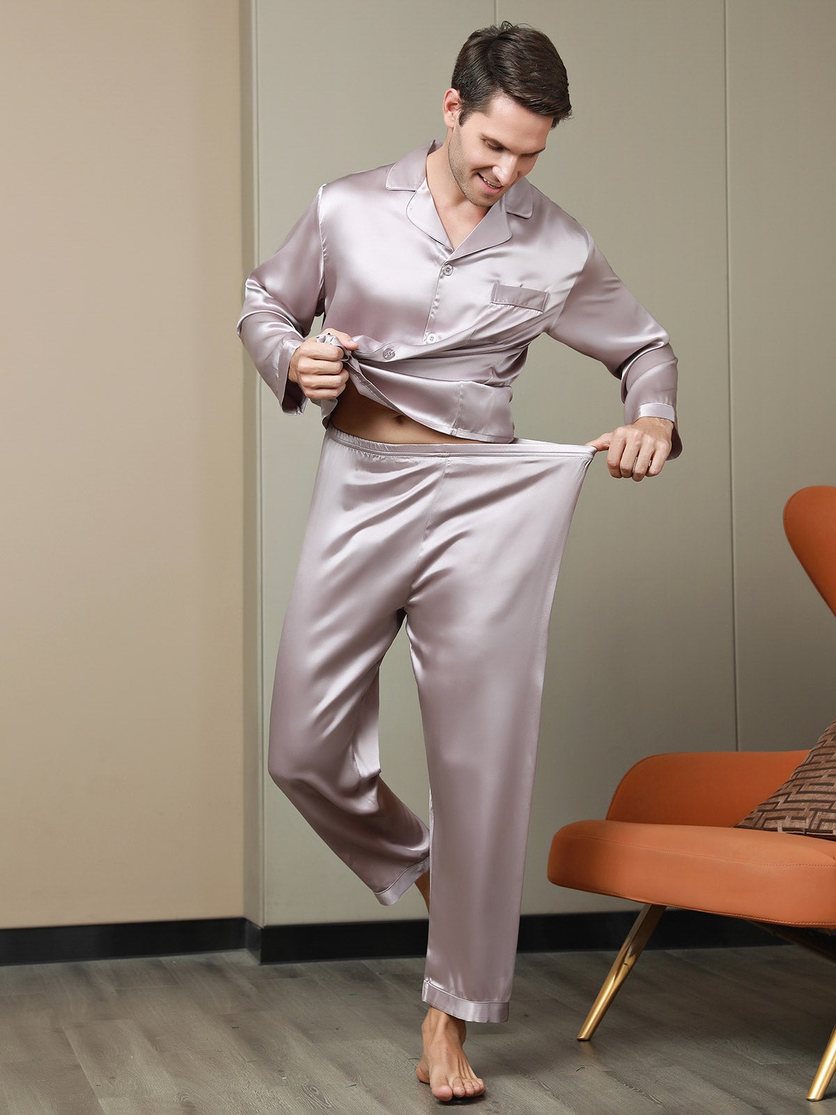 [Blasses Mauve] SilkSilky-DE 19Momme Reine Seide Mens Pajamas 007