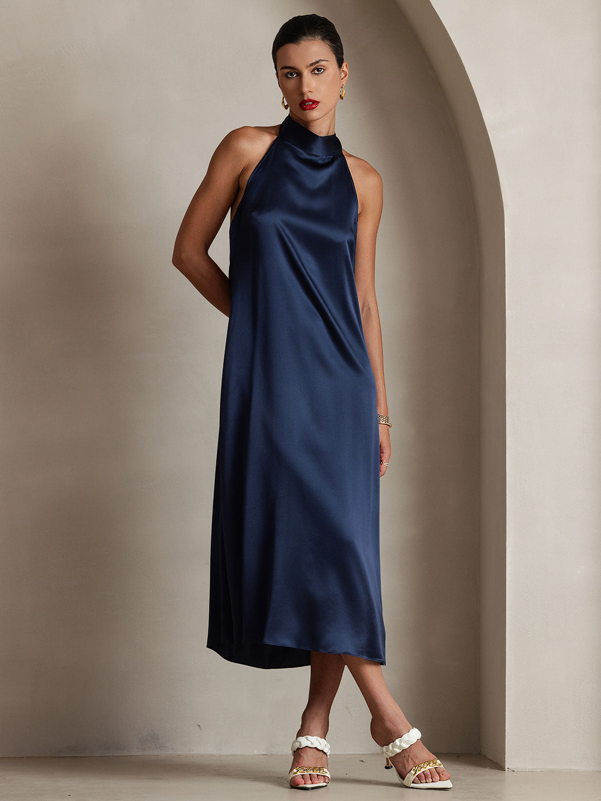 [Dunkelblau] SilkSilky-DE 19Momme Seide Dress 003
