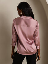 [Blasses Mauve] SilkSilky-DE 19Momme 3/4-lange Ärmel Lapelkragen Damenhemd 002