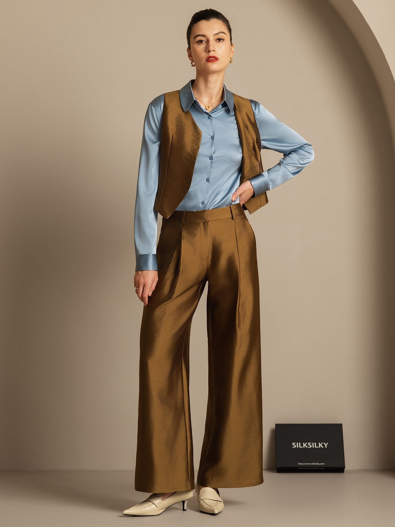 [Schwarz] SilkSilky-DE 32Momme Silk-Wool Blend V Ausschnitt Damenweste 007,