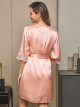 [Rosa] SilkSilky-DE Reine Seide Halblange Ärmel Nightgown&Robe Set 002