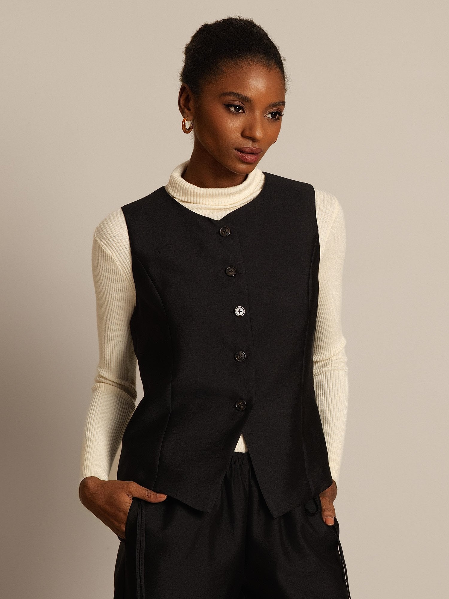 [Schwarz] SilkSilky-DE 32Momme Silk-Wool Blend Womens Vest 007,