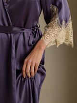 [Lilagrau] SilkSilky-DE 3/4 Sleeve V Neck Nachthemd&Morgenmantel Set 005