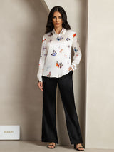 [Weiß Schmetterling] SilkSilky-DE Long Sleeve Lapel Collar Damenhemd 004