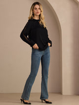 [Schwarz] SilkSilky-DE Long Sleeve Keyhole Neck Damenblusen 007