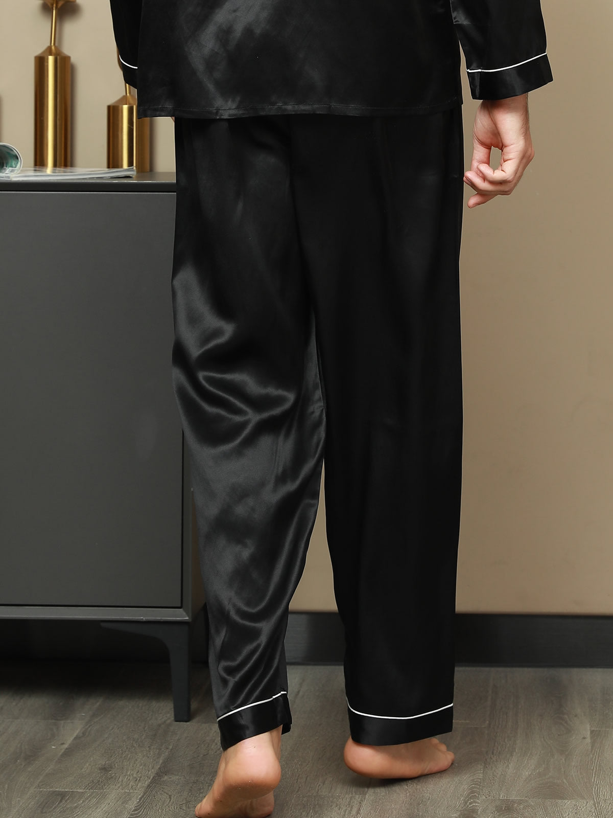 [Schwarz] SilkSilky-DE Reine Seide Mens Sleep Bottoms 002