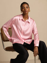 [Rosa Streifen] SilkSilky-DE Long Sleeve Lapel Collar Damenhemd 003