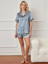 [Stahlblau] SilkSilky-DE Short Sleeve Notch-Kragen Damen Pyjamas 003