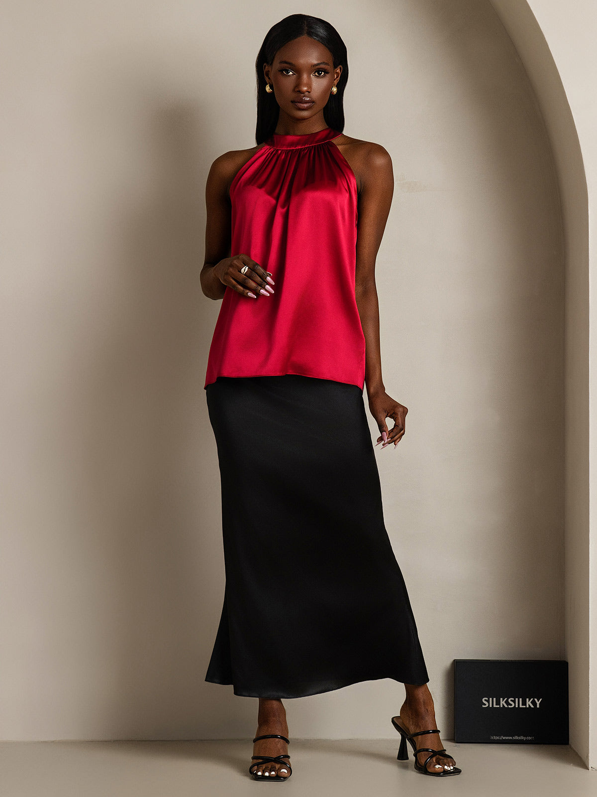 [Rotwein] SilkSilky-DE 19Momme Ärmellos Neckholder T-Shirt 001