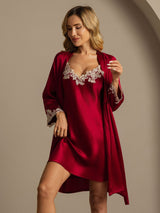 [Rotwein] SilkSilky-DE 3/4 Sleeve V Neck Nachthemd&Morgenmantel Set 003