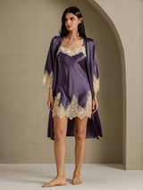 [Lilagrau] SilkSilky-DE 3/4 Sleeve V Neck Nachthemd&Morgenmantel Set 001
