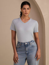 [Graublau] SilkSilky-DE Short Sleeve V Neck T-Shirt 003