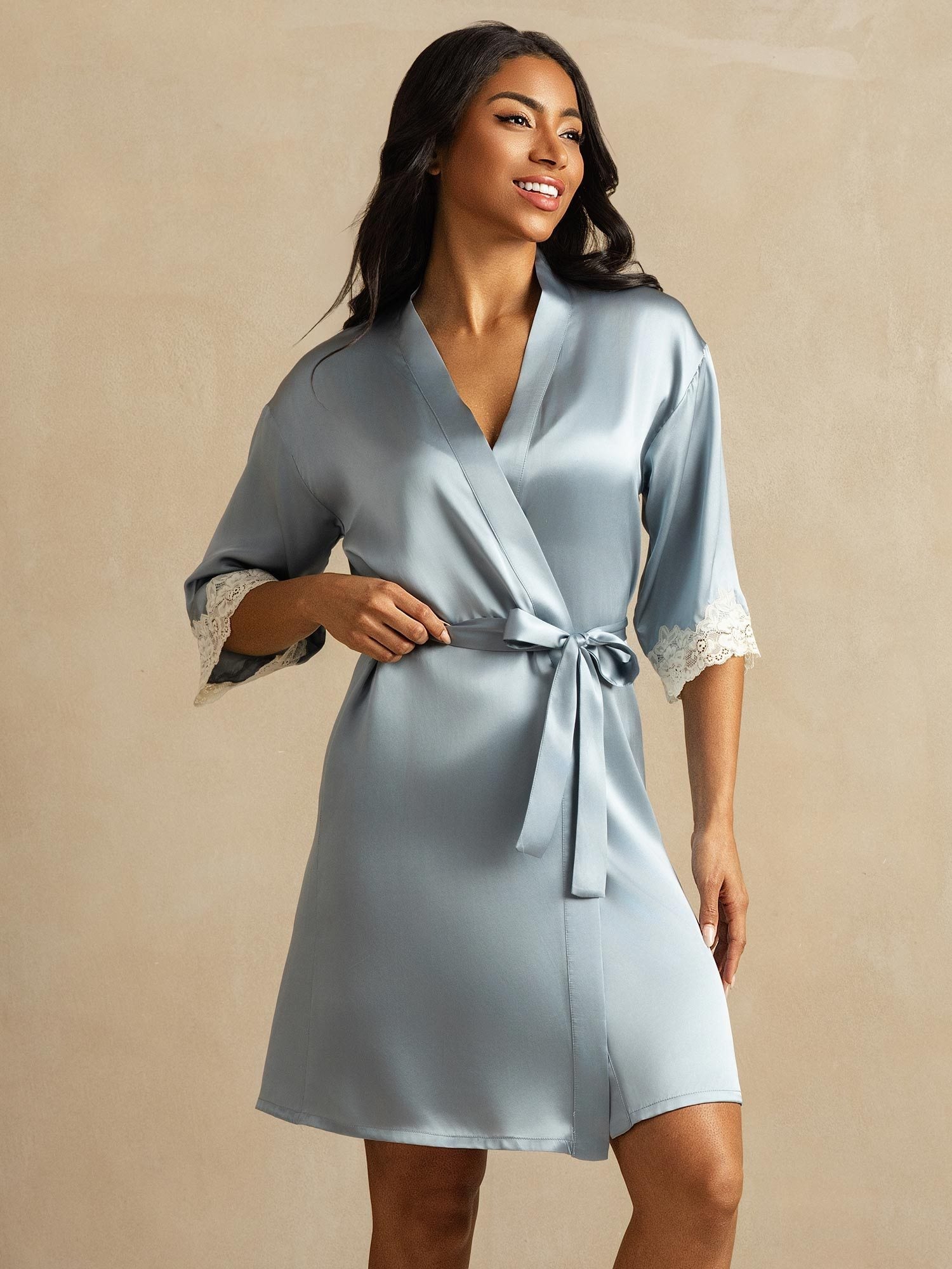 [Graublau] SilkSilky-DE Reine Seide Womens Robe 001