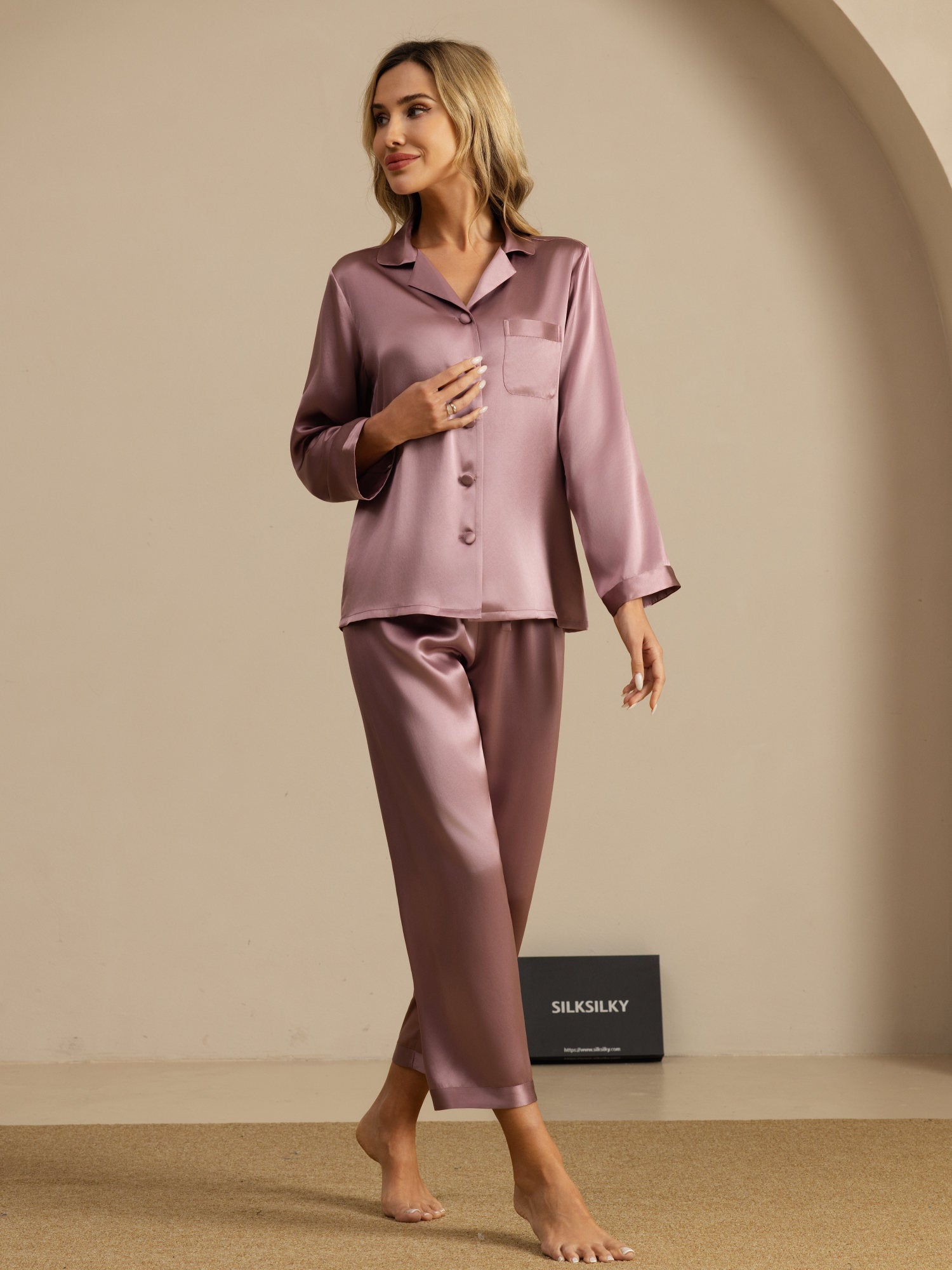 [Blasses Mauve] SilkSilky-DE Langärmelig Notch-Kragen Damen Pyjamas 008
