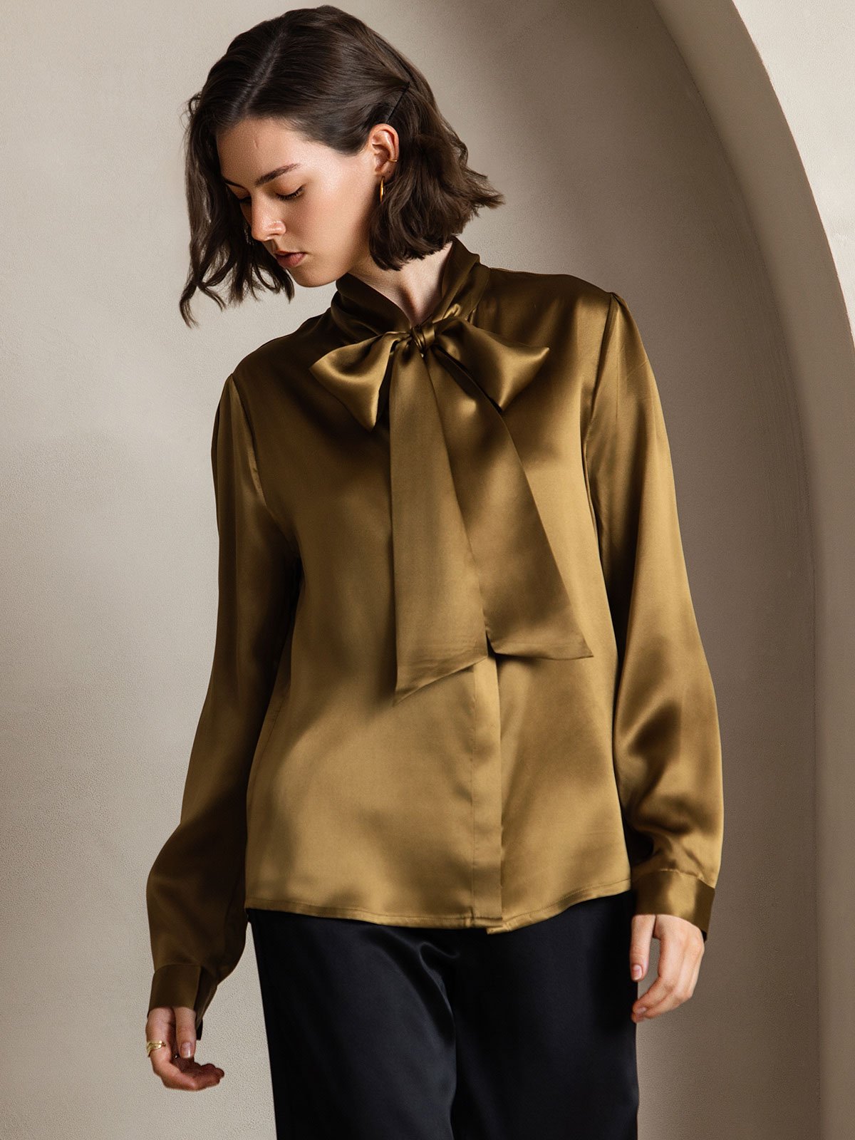 [Braun] SilkSilky-DE 19Momme Seide Langärmelig Blouse 001