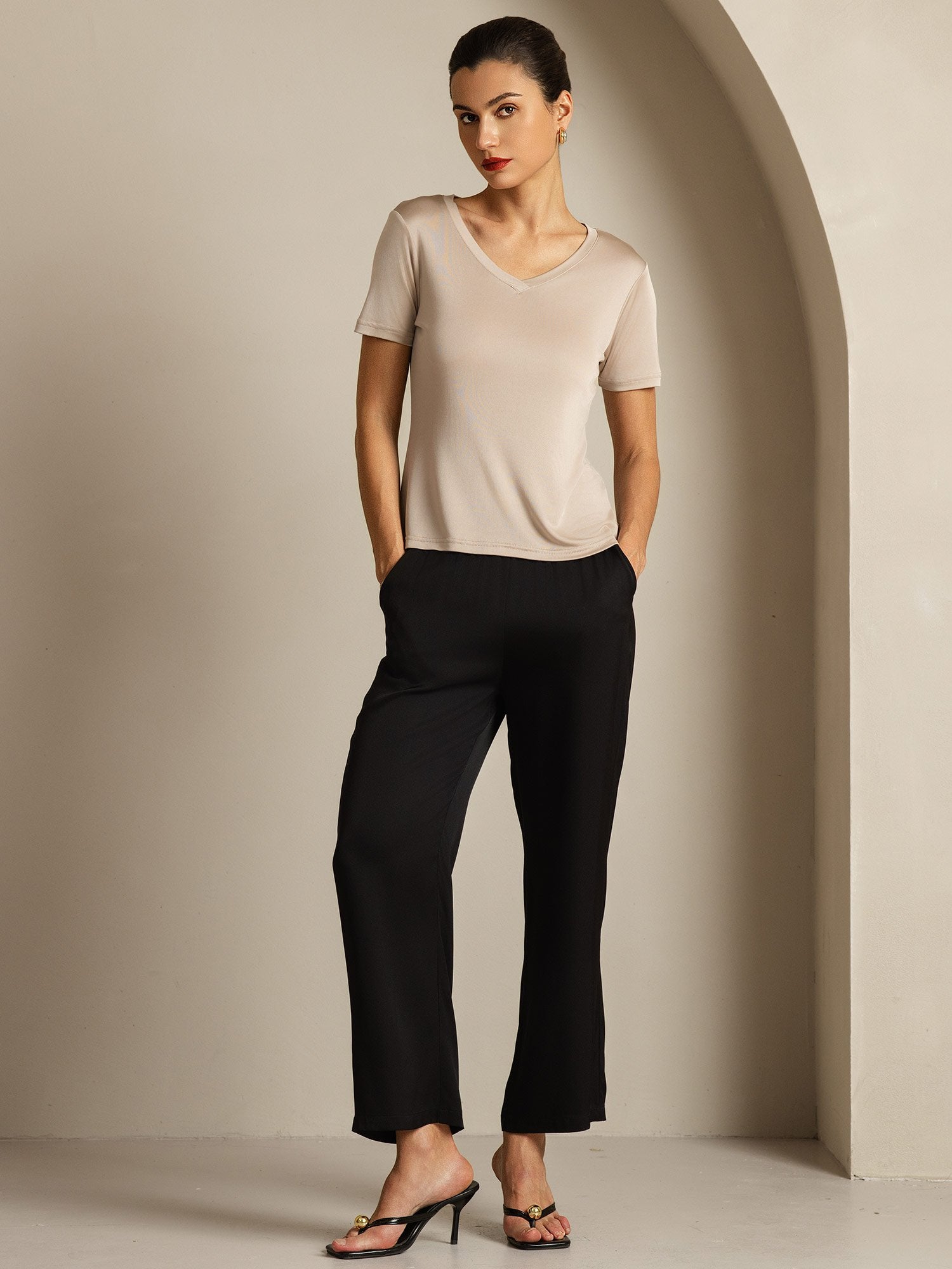 [Hellkhaki] SilkSilky-DE Reine Seide V Ausschnitt T-Shirt 008