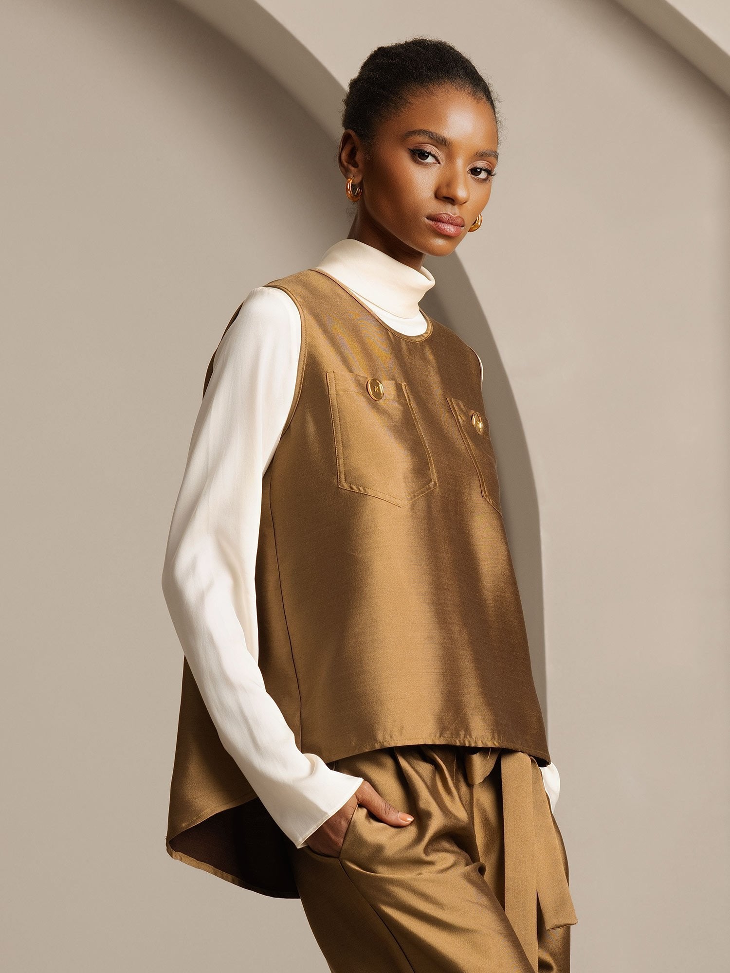 [Bronze] SilkSilky-DE 32Momme Silk-Wool Blend Womens Vest 003,