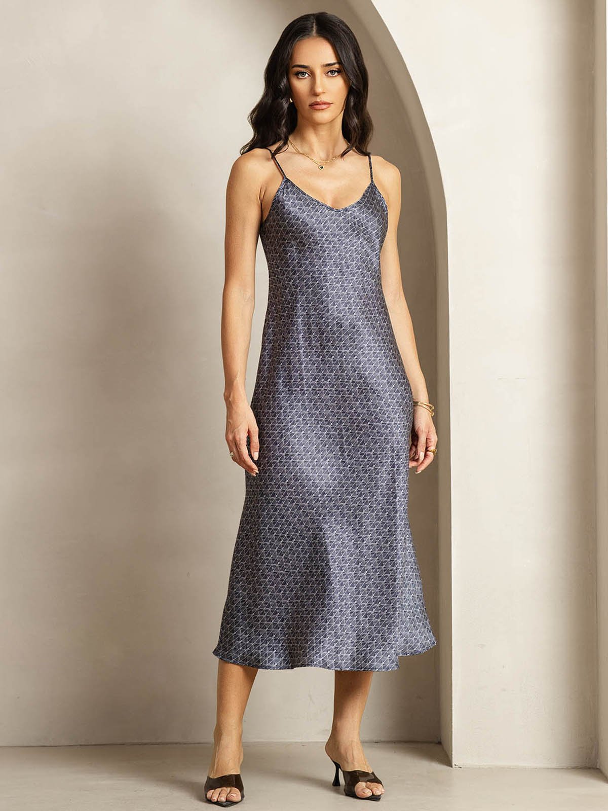 [Marine Ginkgo] SilkSilky-DE 19Momme Seide V Ausschnitt Kleider 004