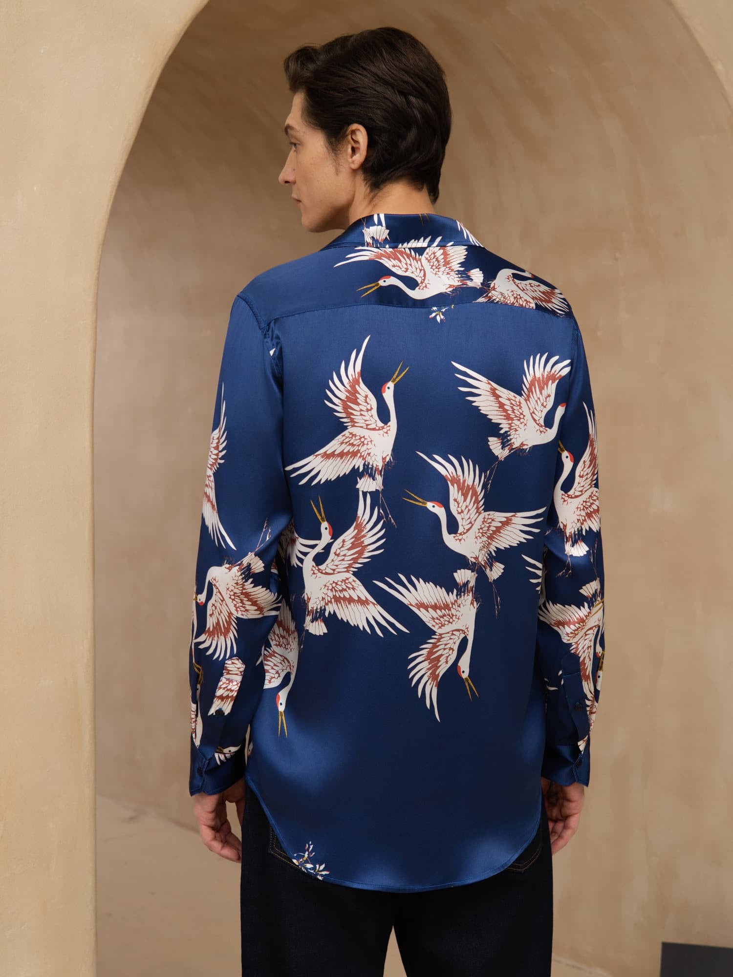 [Dunkelblau] SilkSilky-DE 19Momme Langärmelig Lapelkragen Herrenhemd 002