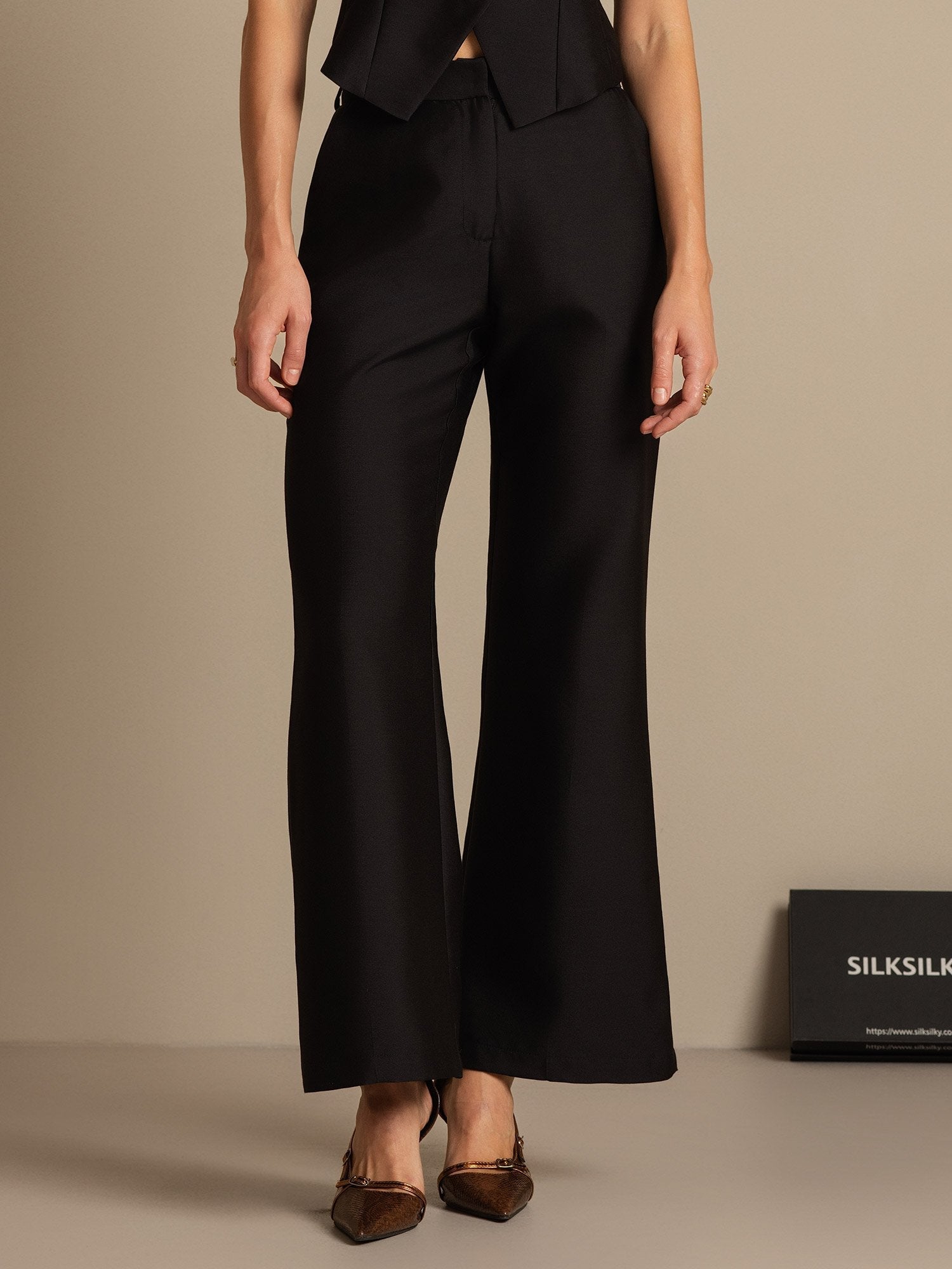 [Schwarz] SilkSilky-DE 32Momme Silk-Wool Blend Womens Pants 003,