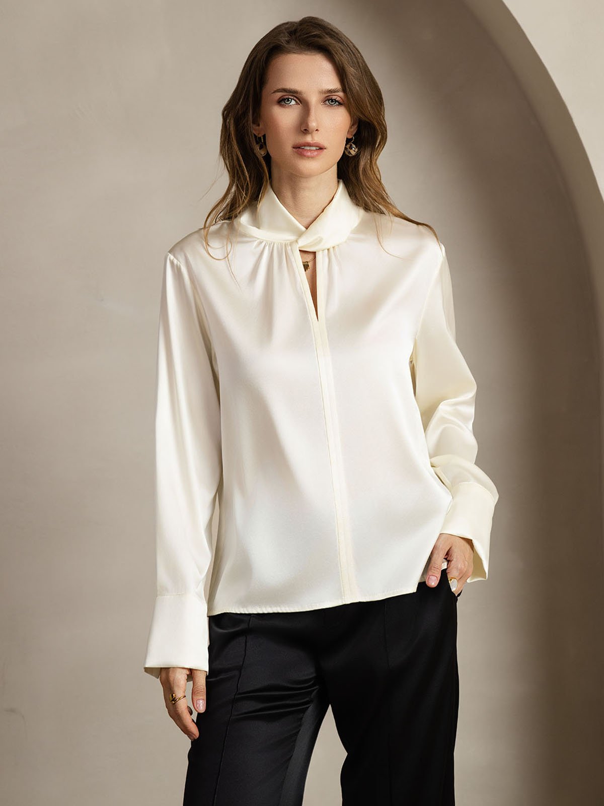 [Elfenbeinfarbe] SilkSilky-DE 19Momme Seide Womens Shirt 001