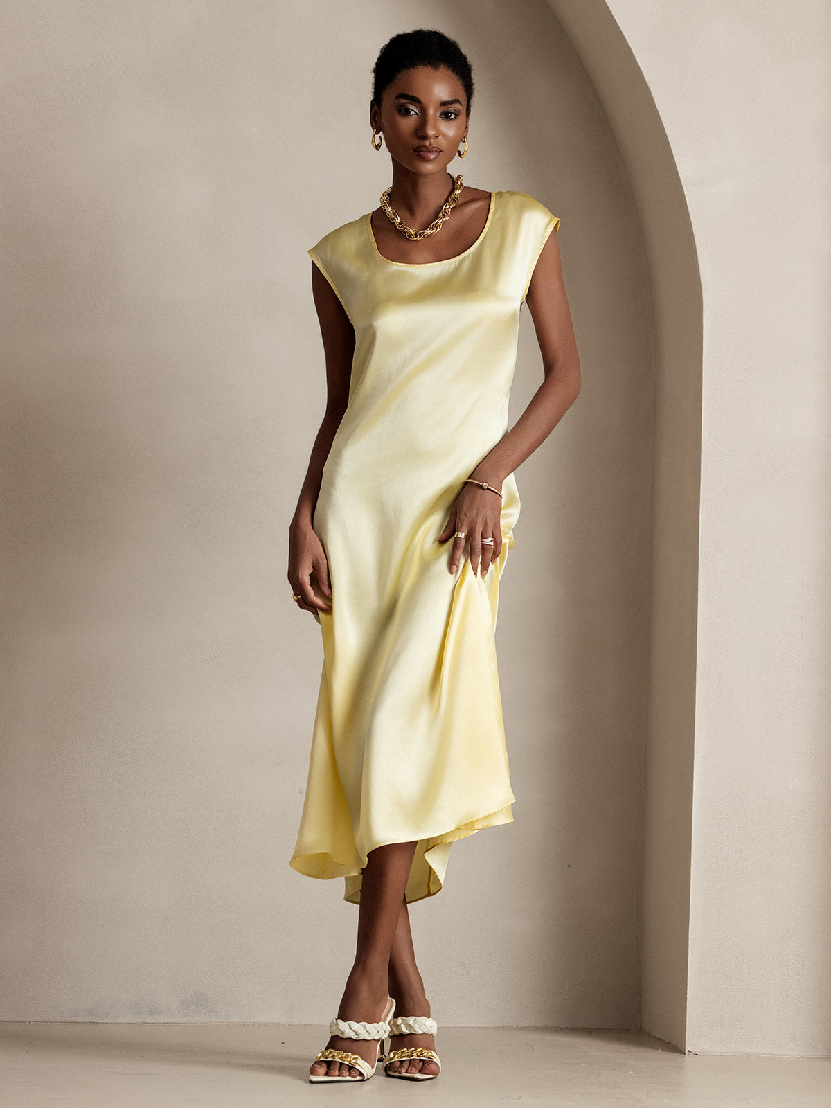 [Hellgelb] SilkSilky-DE 19Momme Seide Dress 001