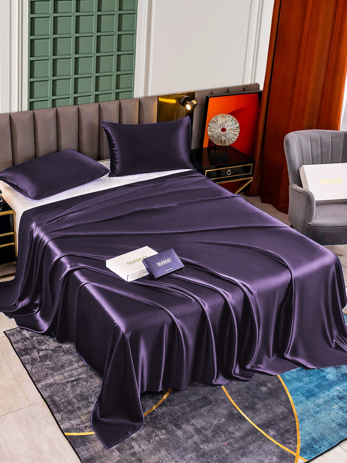 [Dunkelviolett] SilkSilky-DE 25Momme Reine Seide Bedding Set 002,