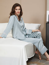 [Blau] SilkSilky-DE Langärmelig Damen Pyjamas 006