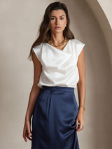 [Weiß] SilkSilky-DE Cap Sleeve Cowl Neck T-Shirt 001